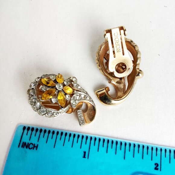 Signed NORDIC Topaz Amber Rhinestones Earrings Vintage Clip On Retro Design - Picture 6 of 6
